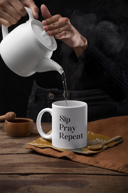 Sip Pray Repeat: Inspirational Ceramic & Camping Mug – Perfect for Every Adventure